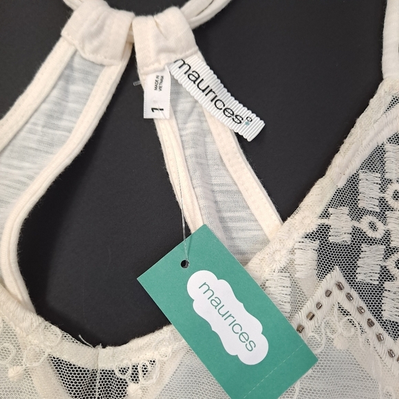 Maurices Womens Ivory Sheer Front Tank Strappy Beaded Embroidered Mesh Sz 1 - 1X - Picture 6 of 9